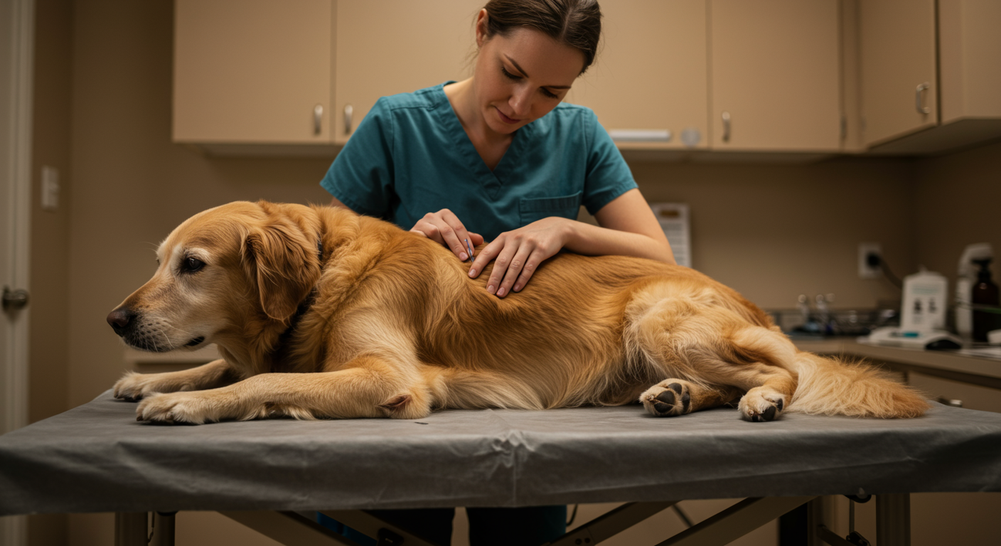 Veterinary acupuncturist inserting a fine needle into the hind leg of a senior golden retriever during therapy