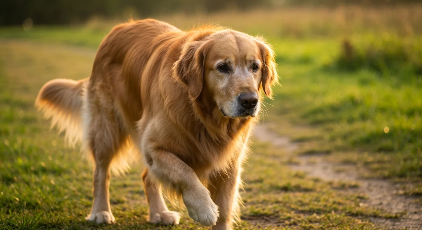 Dog showing mild stiffness after rest, early stage osteoarthritis sign during morning walk