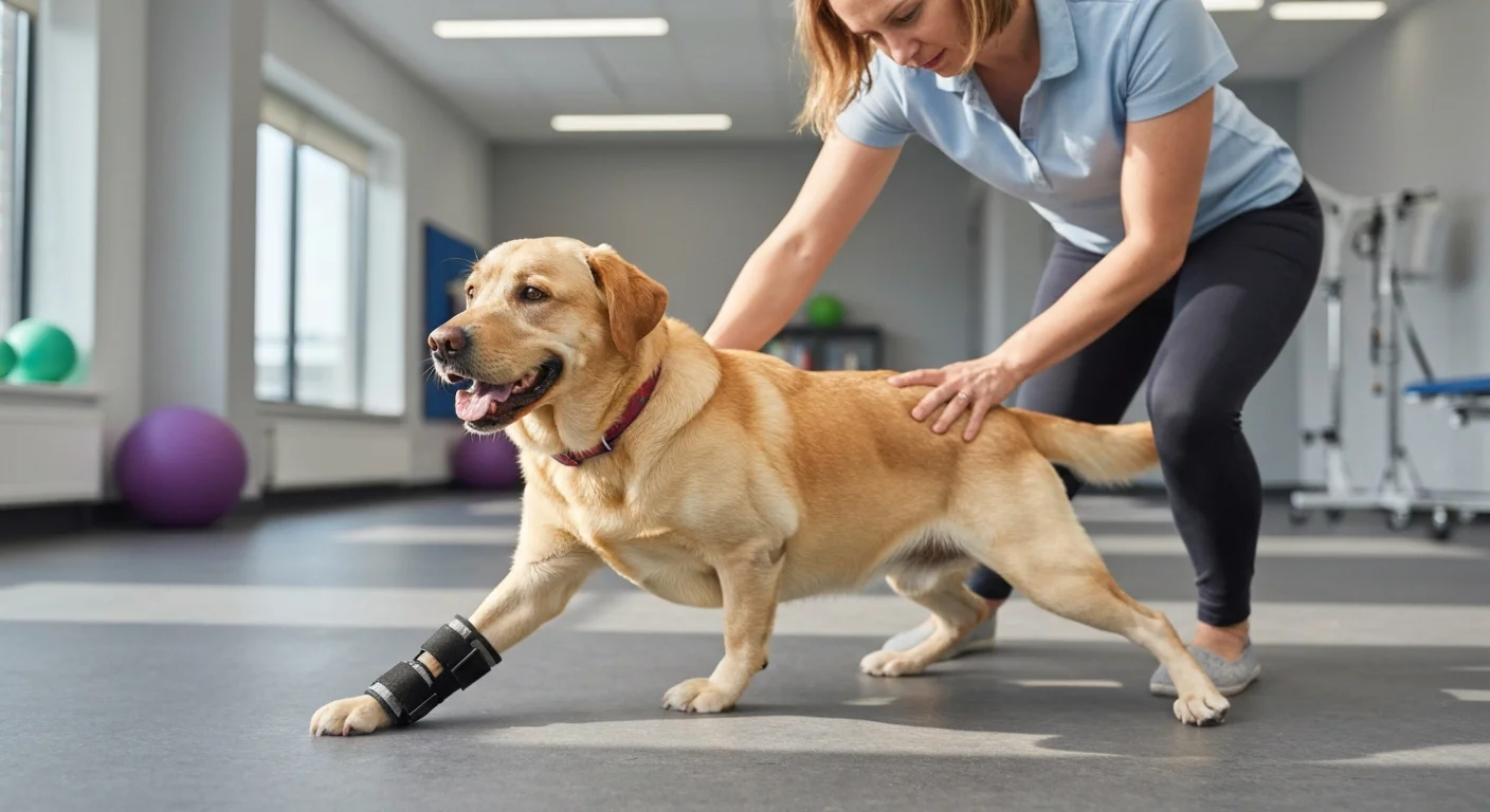 Happy dog receiving multimodal arthritis pain treatment combining medication and physical therapy