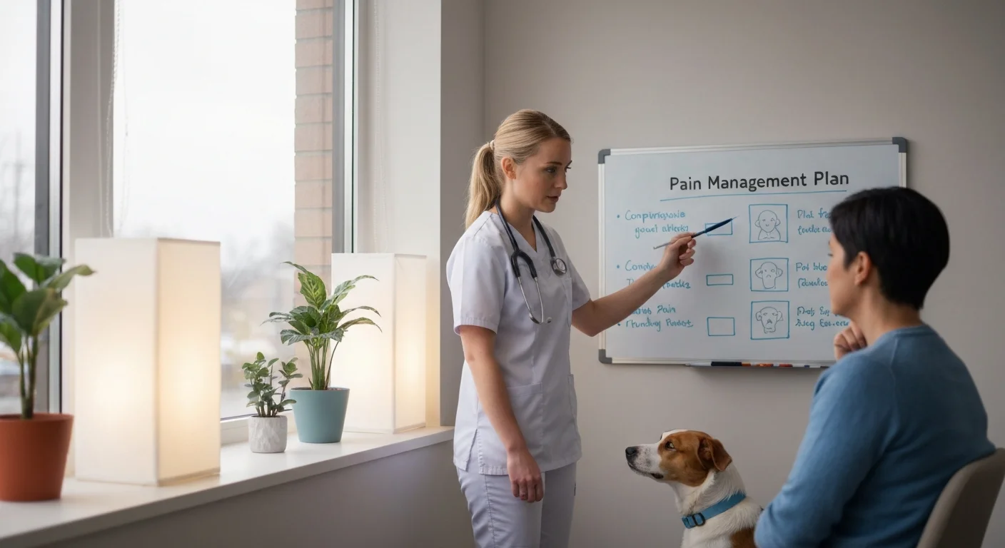 Veterinarian discussing comprehensive pain management options with dog owner at clinic