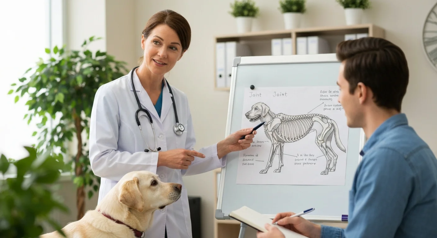 Veterinarian explaining joint anatomy diagram to dog owner during educational consultation