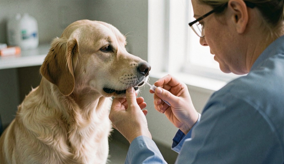 Veterinarian collecting a cheek swab DNA sample from a calm dog during a genetic test