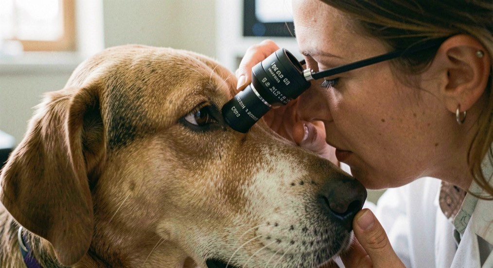 Close-up of a dog's eye being examined with an ophthalmoscope by a veterinary ophthalmologist