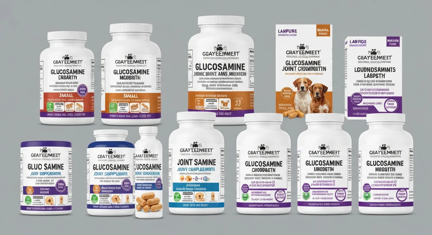 Range of dog joint supplements including glucosamine chondroitin and omega-3 products