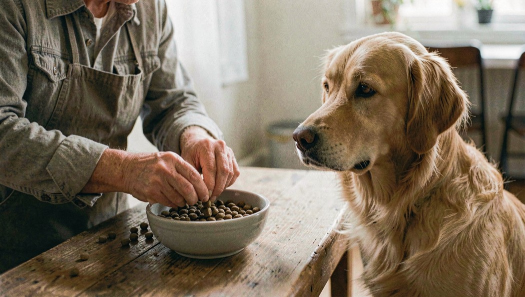 Owner measuring kibble into a bowl while a Golden Retriever waits calmly at feeding time