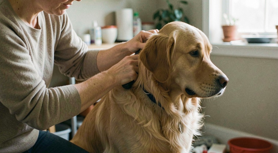 Owner brushing a Golden Retriever's coat during a weekly grooming session at home