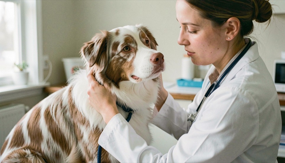 Australian Shepherd being examined by a veterinarian before a genetic health screening