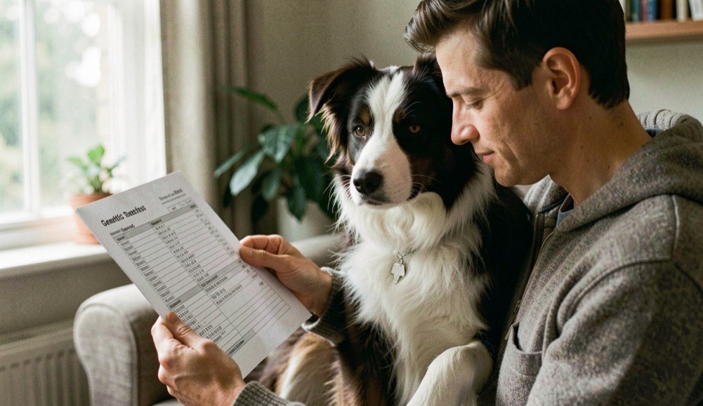 Owner holding a Border Collie while reviewing a genetic test result document at home