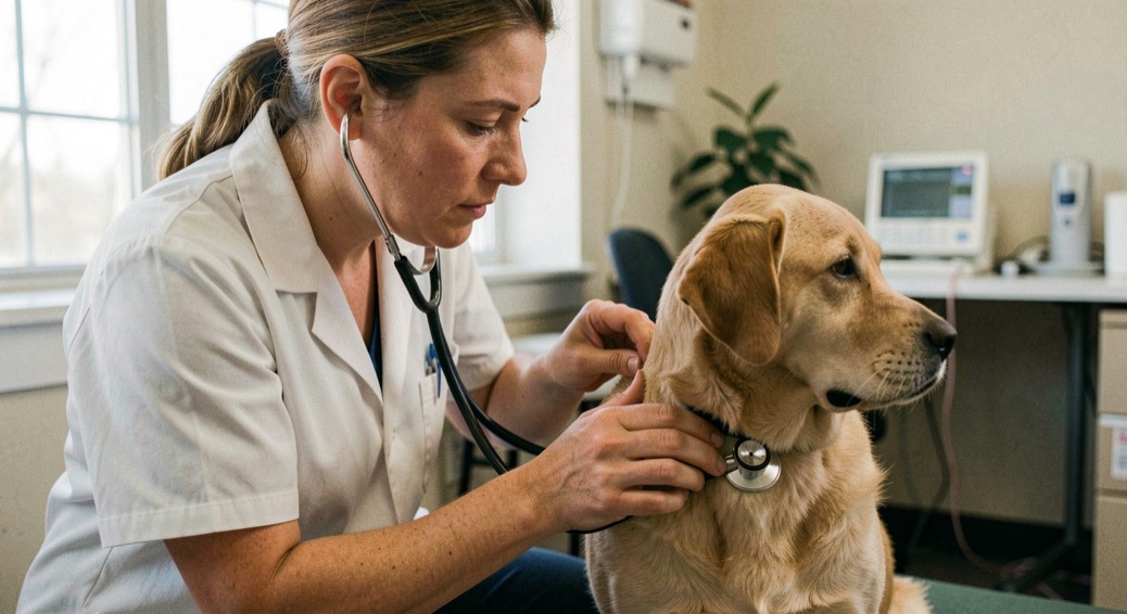 Veterinarian listening to a dog's heart with a stethoscope during a routine wellness exam