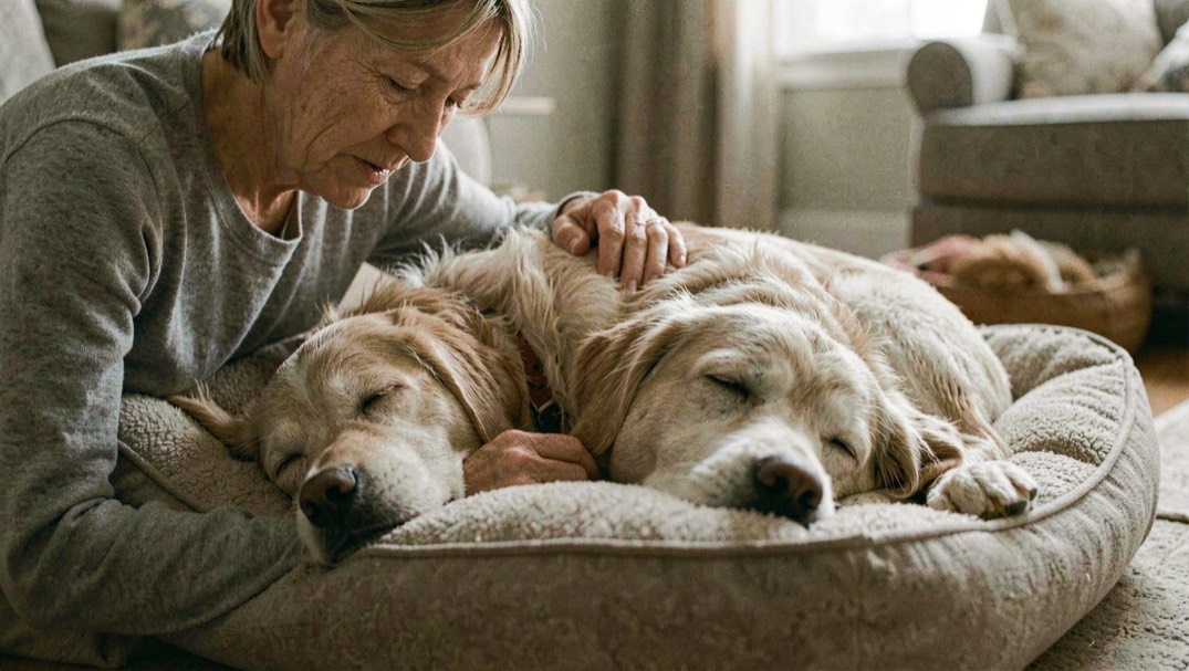 Owner checking a resting senior dog's breathing while the dog sleeps on a dog bed at home