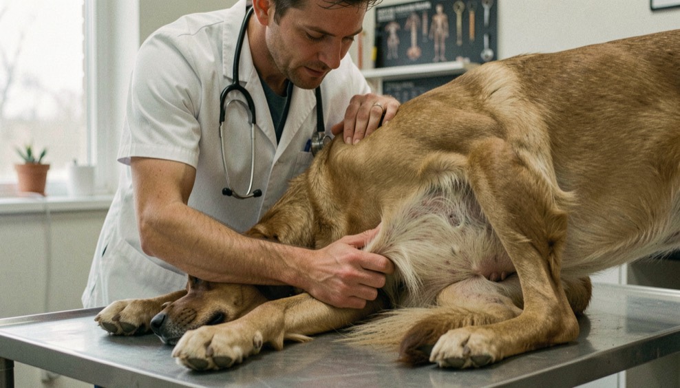 Veterinarian assessing the hip and leg conformation of a large dog during a physical exam