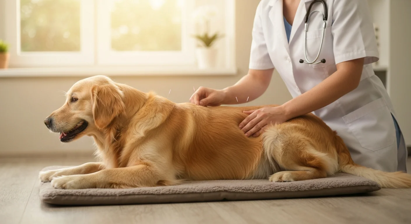 Dog receiving acupuncture treatment as natural remedy for arthritis joint pain relief