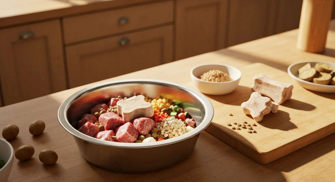 Balanced raw diet preparation for dog including bone meal and joint-supporting ingredients
