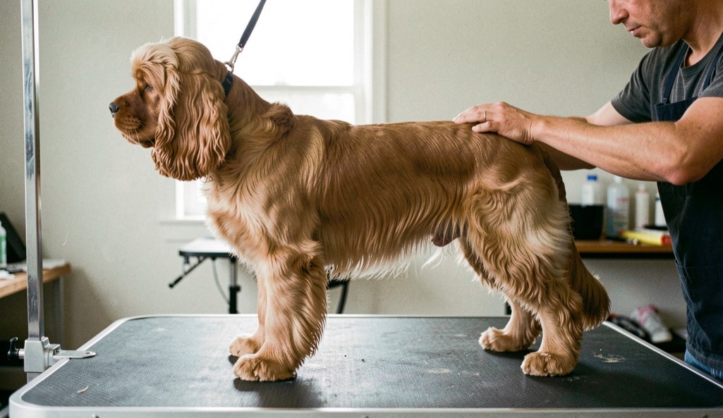 American Cocker Spaniel standing in profile on a grooming table while owner checks its ears and coat