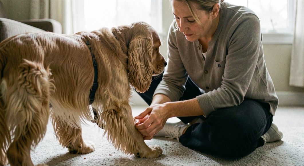 Owner gently examining a Cocker Spaniel's hind leg and knee during a home health check